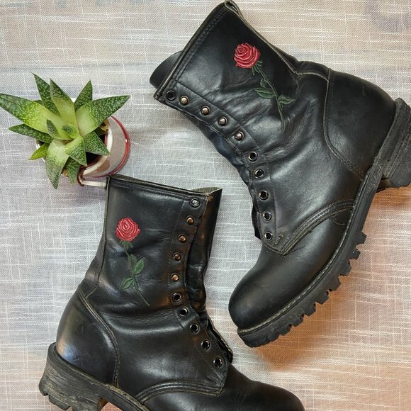 Vintage Double H Rose Black Leather Lace Up Motorcycle Boots Women’s 9.5 M - Picture 1 of 10
